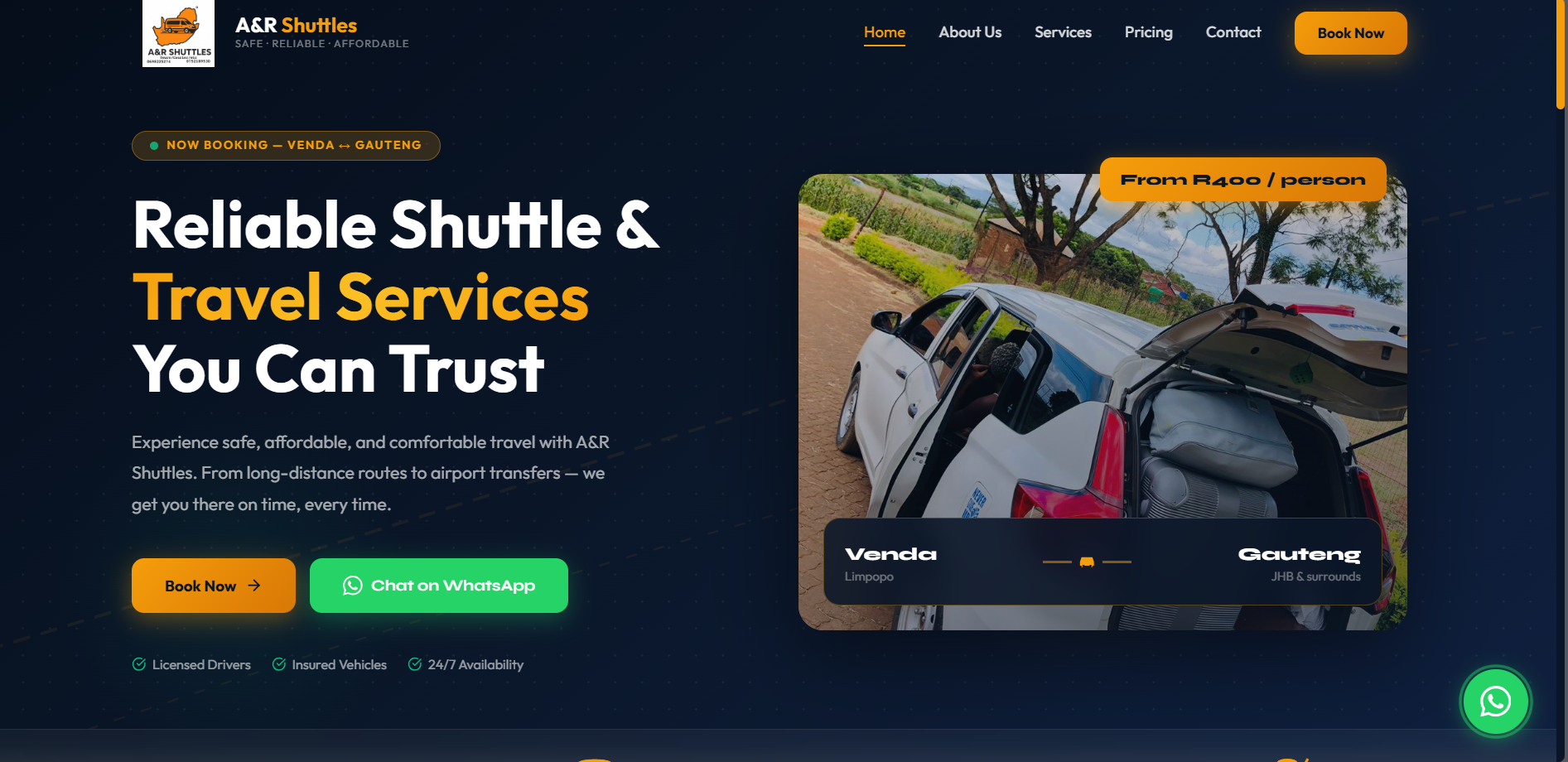 A&R Shuttles website screenshot