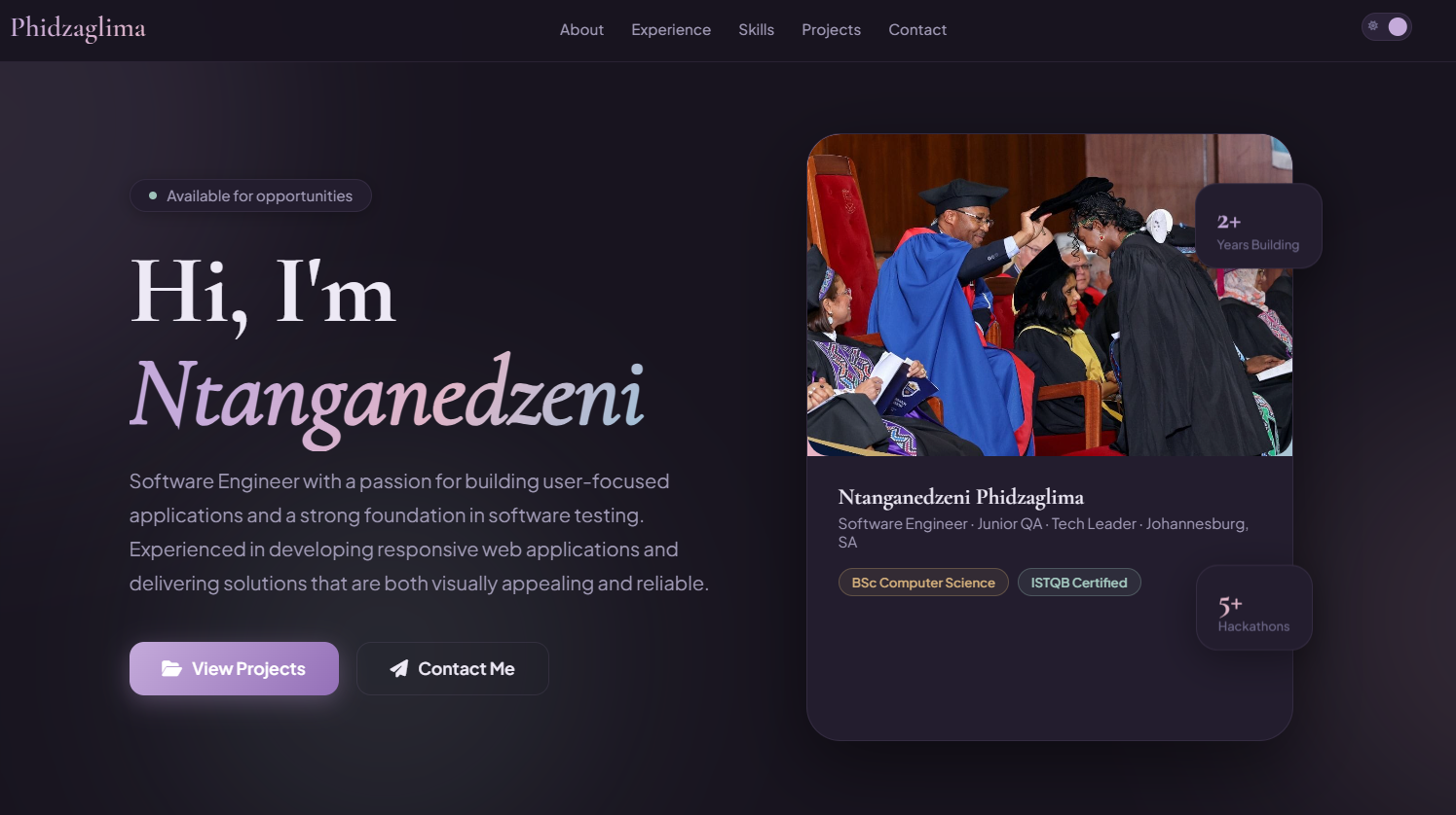 Ntanganedzeni Phidzaglima portfolio website screenshot