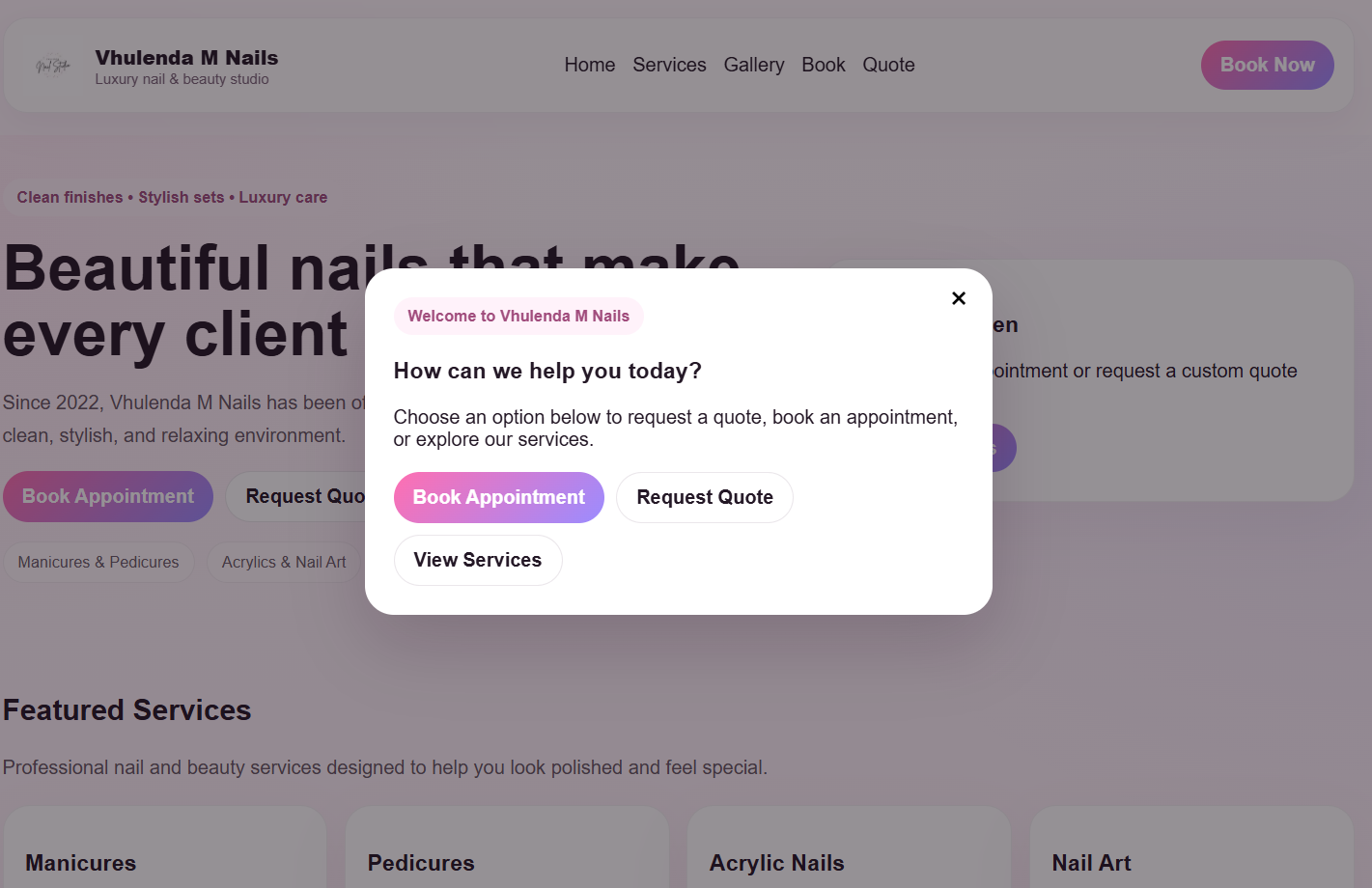 Vhulenda M Nails website screenshot